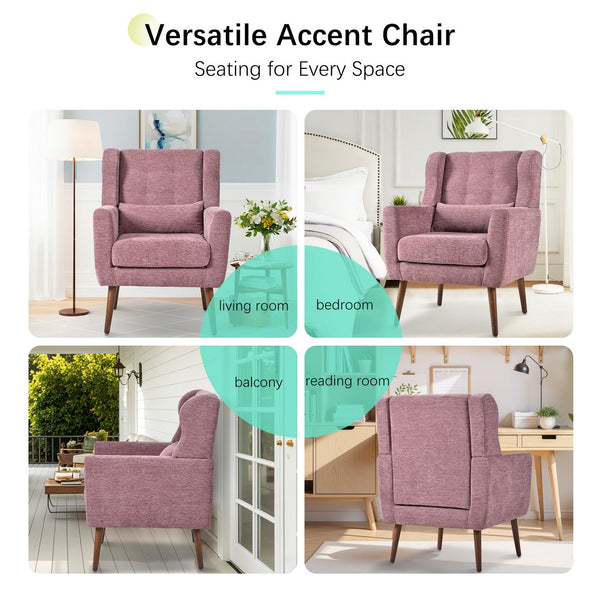 English Elm Modern Accent Chair Chenille Upholstered Ergonomic Lounge Armchair with Wood Legs and Pillow for Reading Comfort and Stylish Living Room Seating Dark Purple,Purple W1028P382741