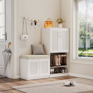 English Elm Multi Functional Shoe Storage Cabinet with Bench and Cushion, 7+3 Adjustable Panels, Ventilated Design for Entryway Ancient White 51.97 L x 17.32 W x 10.24 H W2948P245229