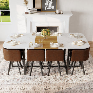 English Elm 9-piece Square Dining Set Seats 8 with Suede Chairs and Two-tone Metal Frame Brown,White,Wood W3875S00145