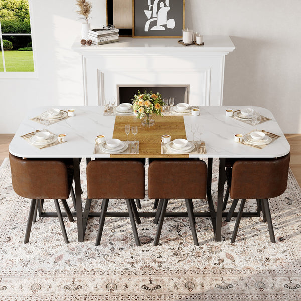 English Elm 9-piece Square Dining Set Seats 8 with Suede Chairs and Two-tone Metal Frame Brown,White,Wood W3875S00145