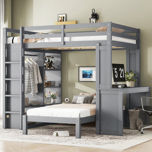English Elm Full Solid Wood Loft Bed with Removable Lower Bed, Built-In Desk, Shelves & Wardrobe for Space-Saving Designs Grey W1580S00212