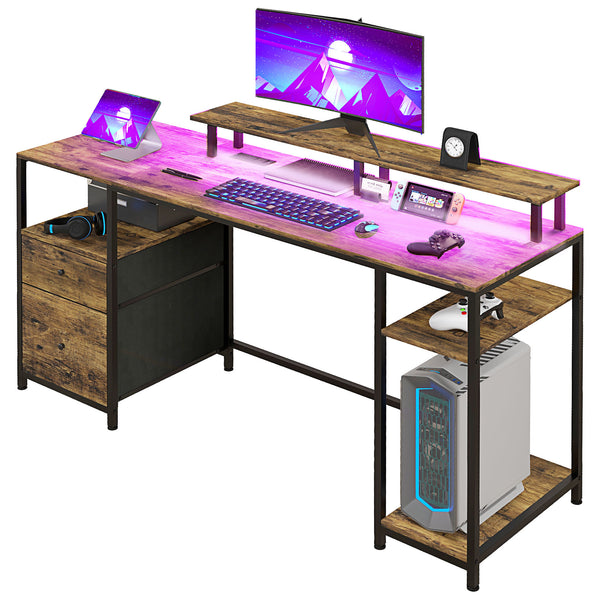English Elm HOMCOM 61" Gaming Computer Desk with LED Strip, Dual Outlets & USB, Monitor Stand, Storage Drawers W2225P200372