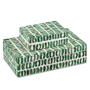 Emerald Decorative Box Set of 2 - Irregular Green Bone Design on White Composite for Stylish Storage
