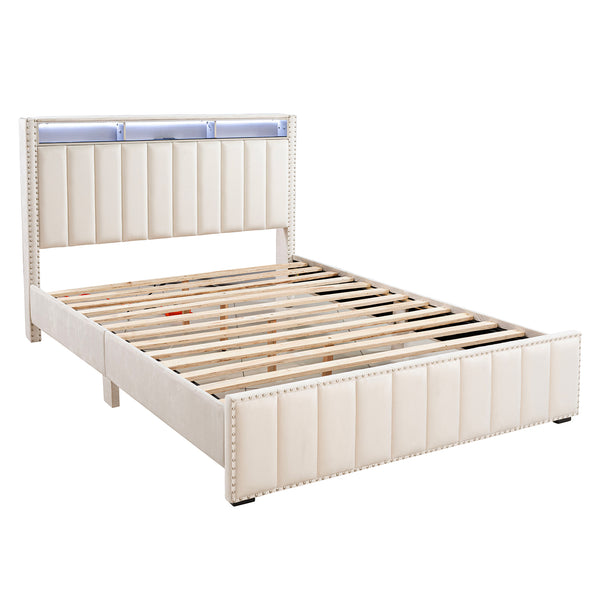 English Elm Contemporary Queen Bedroom Set Channel Tufted Upholstered Bed with Led Headboard Nightstands Beige B2741S00775