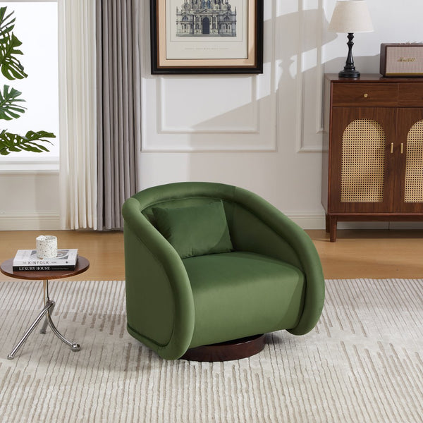 English Elm Swivel Barrel Chair Pumpkin Sculptural Velvet Upholstered with Walnut Wood Round Base Green W3244P427740