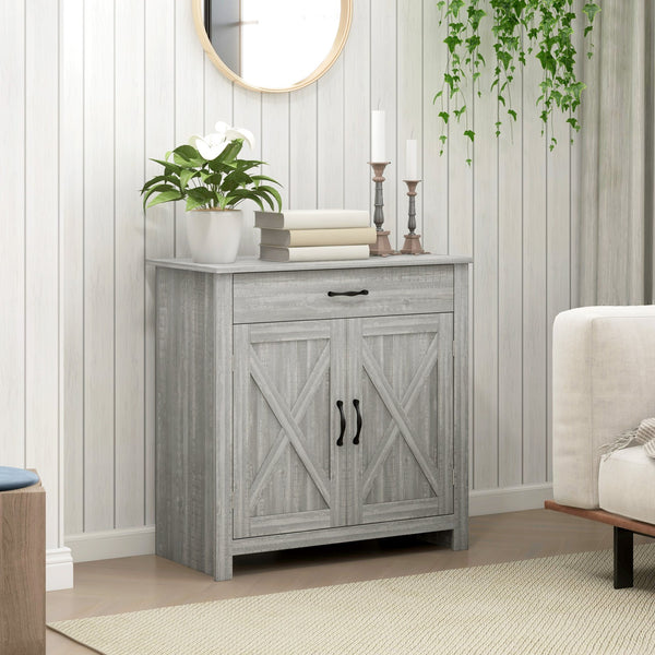 English Elm HOMCOM Rustic Farmhouse Sideboard Buffet Cabinet with Barn Doors, Drawer & Adjustable Shelves for Entryway Stone Gray W2225P229123