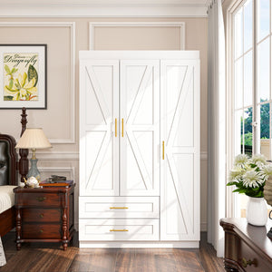English Elm Shaker Three Door Wardrobe Armoire with Hanging Rod and Shelves for Bedroom White T3210S00005