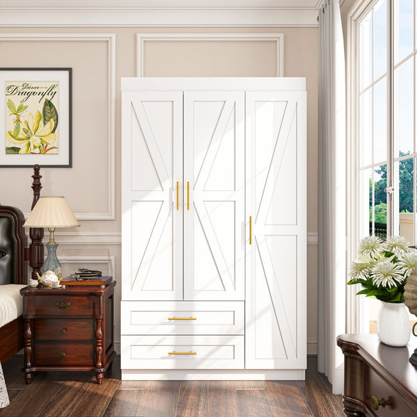 English Elm Shaker Three Door Wardrobe Armoire with Hanging Rod and Shelves for Bedroom White T3210S00005