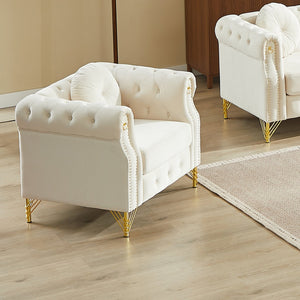 English Elm Velvet Tufted Chesterfield Sofa with Copper Stud Trim and Gold Metal Legs Beige W834P423608