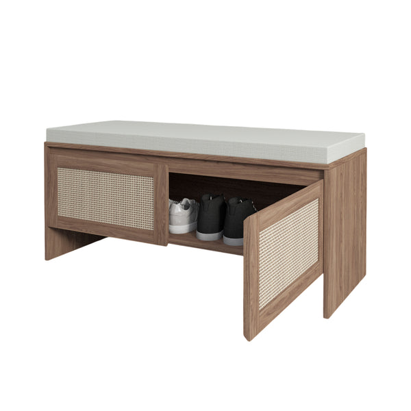 English Elm PP Rattan bench with cushion and hidden shoe storage, linen seat, dust‑protected interior, natural finish W808P316354