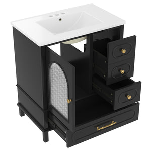 English Elm 30" Freestanding Bathroom Vanity Solid Wood Cabinet Ceramic Basin 3 Drawer Storage Black W1580P382511
