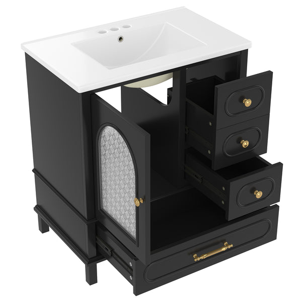 English Elm 30" Freestanding Bathroom Vanity Solid Wood Cabinet Ceramic Basin 3 Drawer Storage Black W1580P382511