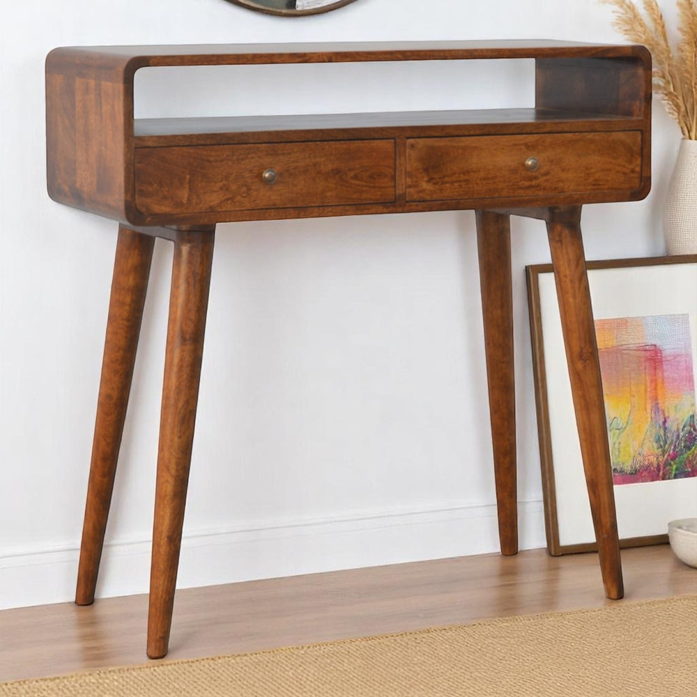 English Elm Curved Chestnut Console Table with 2 Drawers & Open Shelf, Solid Wood Accent, Timeless Elegant Design B182P166489