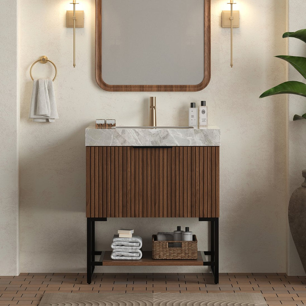 English Elm Yolan 30 Inch Freestanding Bathroom Vanity Plywood Cabinet Sintered Stone Top Oak Finish Black,Dark Walnut,Light Gray,White W2615S00372