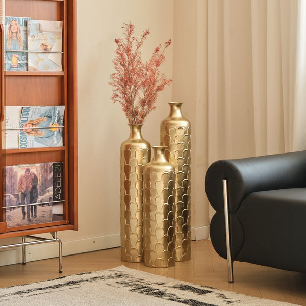 English Elm Floor Metal Vases Set Of 3 - Elegant Tall Decor With White And Gold Accents For Modern Interiors W2796P237520