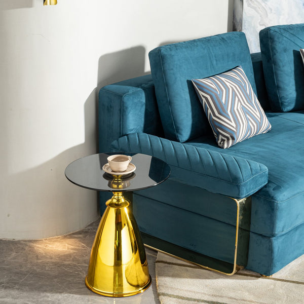 English Elm Living Room Stylish Gold Frame Side Table With Grey Tempered Glass Top - Perfect For Small Spaces W2723P262932