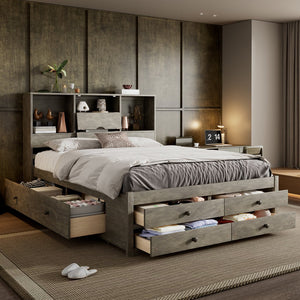 English Elm Queen Platform Bed Solid Pine Frame with Storage Headboard and Eight Organizer Drawers Gray GX000453AAE-1