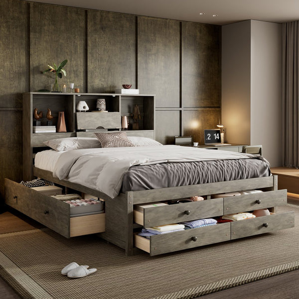 English Elm Queen Platform Bed Solid Pine Frame with Storage Headboard and Eight Organizer Drawers Gray GX000453AAE-1