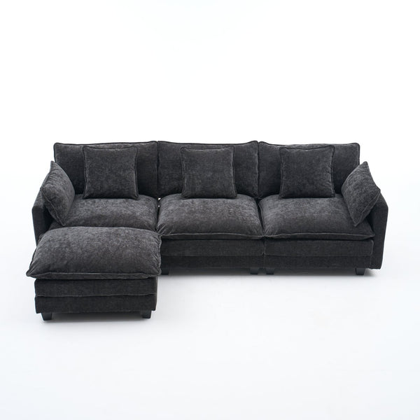 English Elm Beige Chenille Sectional Sofa with Modular Ottoman for Living Room or Studio Black W2603S00006
