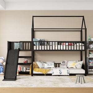 English Elm Full Metal House Bunk Bed with Slide Storage Stairs and Safety Rails for Kids W1580S00344