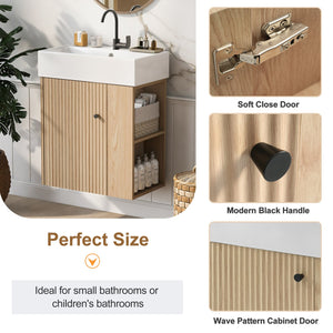 English Elm 21.6 inch Modern Floating Bathroom Vanity with Ceramic Basin, Wave Door, Rose Gold Handle Wood N729P170388D