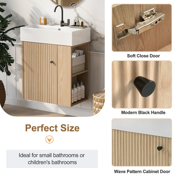 English Elm 21.6 inch Modern Floating Bathroom Vanity with Ceramic Basin, Wave Door, Rose Gold Handle Wood N729P170388D