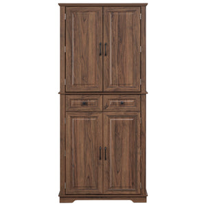 English Elm K&K 71" Tall Farmhouse Pantry Cabinet with Groove Edges, 3 Pull-Out Organizers, 6 Door Shelves Brown N707P256507Z
