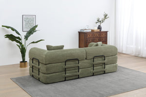 English Elm Convertible 3-Seat Sleeper Sofa Bed Corduroy Folding Floor Couch with Cylindrical Pillow, Plush Support Light Green W3199P309011