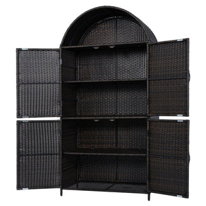 English Elm K&k Tall Arched Pe Rattan Outdoor Storage Cabinet with Adjustable Shelves and Steel Frame Brown+Black N707P420158D