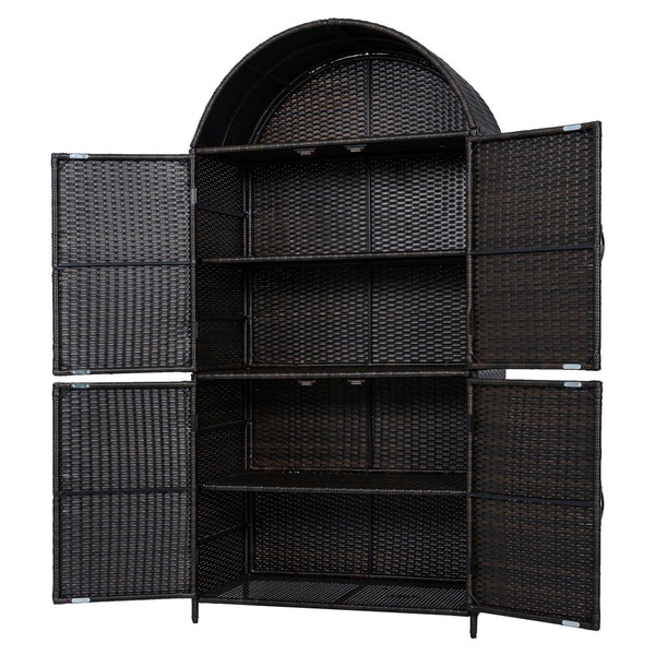 English Elm K&k Tall Arched Pe Rattan Outdoor Storage Cabinet with Adjustable Shelves and Steel Frame Brown+Black N707P420158D
