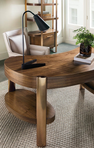 Hooker Furniture Eleana Sculptural Writing Desk In Light Caramel Walnut With Sunlit Bronze Legs And Custom Storage Options 7252-10458-85