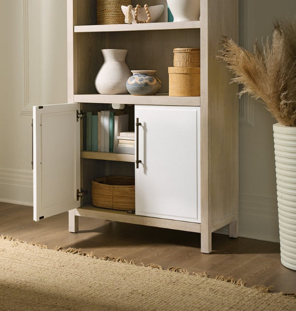 Hooker Furniture Brixton Bookcase With Two-Tone Elm & Ivory Doors, Adjustable Shelves, Concealed Storage, 80"H 6022-10445-80