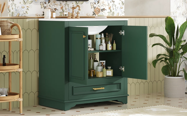 English Elm 30" Elegant Bathroom Vanity with Ceramic Sink, French-Inspired Compact Cabinet with Drawer & Shelf Green N710P317676F