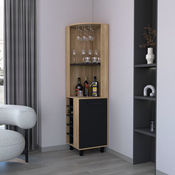 English Elm Leah Corner Bar Cabinet in Melamine with 10-Bottle Wine Rack, Glass Holder, Shelves & Modern Legs B128S00007