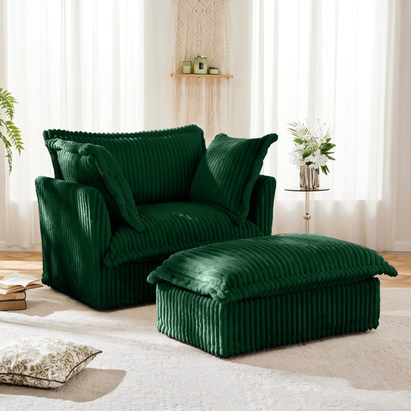 English Elm Upholstered Slipcovered Armchair Set With Wide Ottoman, Deep Cushions In Green Corduroy Fabric W3041S00077-GIGA