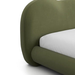 English Elm Brown Boucle Eastern King Bed Camel Back Headboard Round Bun Feet Upholstered Frame Olive Green B2741S00831