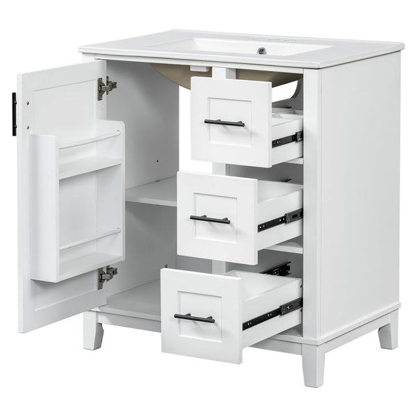 English Elm 30-inch Modern Bathroom Vanity with Ceramic Basin, Rubberwood Frame, Soft-Close Drawers & Organized Storage White N729P290689K