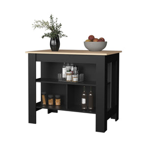 English Elm Aztec Melamine Kitchen Island with Open Storage, Light Pine & Black Finish, 3 Shelves, Compact Counter B128P227634