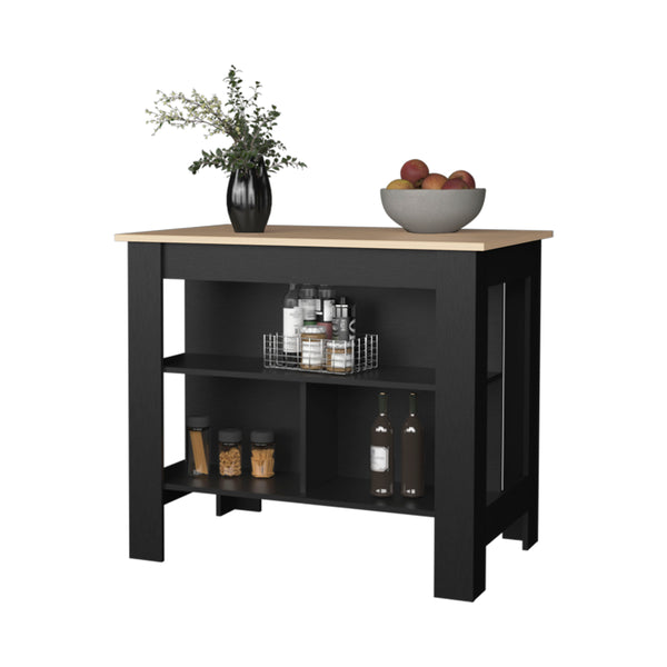 English Elm Aztec Melamine Kitchen Island with Open Storage, Light Pine & Black Finish, 3 Shelves, Compact Counter B128P227634