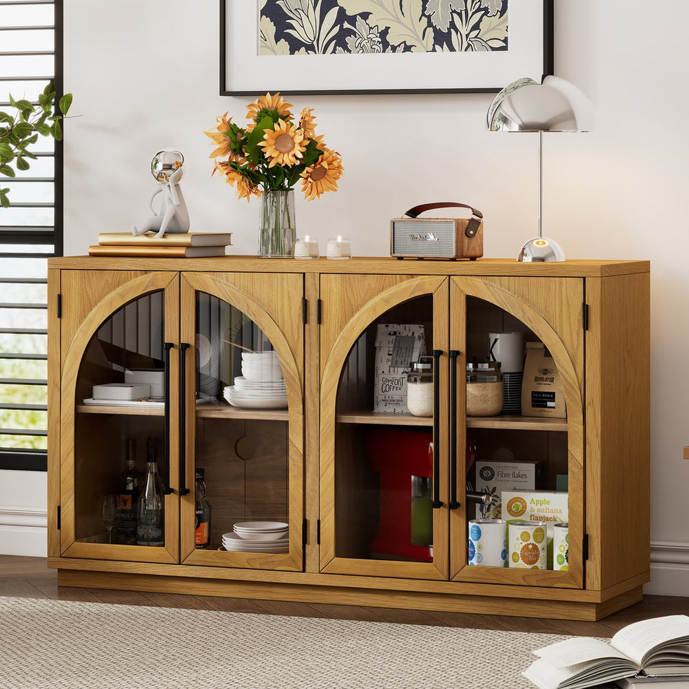 English Elm Trexm Arched Glass Door Buffet Sideboard Oak Veneer Storage Cabinet for Dining Room Natural Wood XW000021AAE-2026