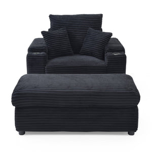 English Elm Oversized Corduroy Accent Chair with Ottoman Neck Pillow and Wide Armrests for Cozy Reading Black W1117S00248