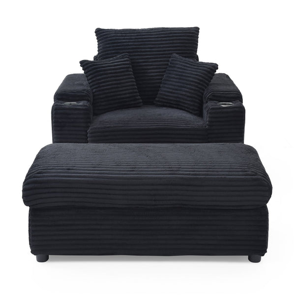 English Elm Oversized Corduroy Accent Chair with Ottoman Neck Pillow and Wide Armrests for Cozy Reading Black W1117S00248