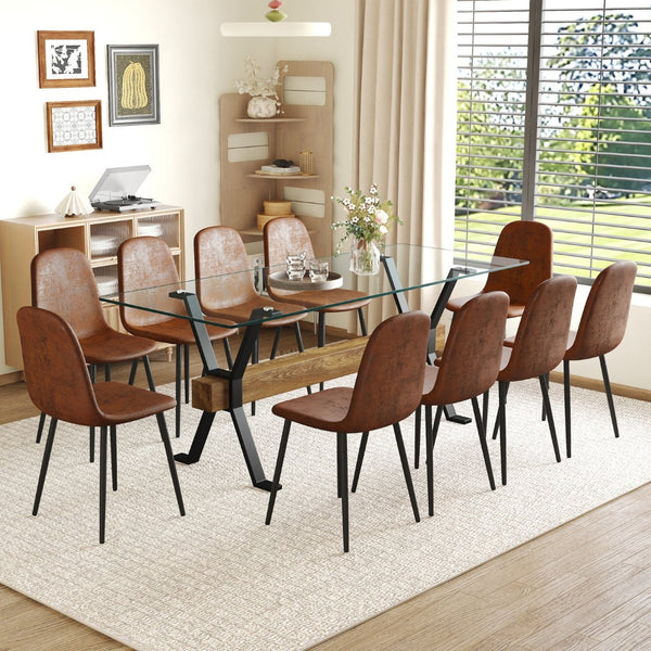 English Elm Table With 10 Ergonomic Chairs Set - Modern Glass Top, X-Shaped Black Metal Base, Stylish Comfort! W1151S04089-GIGA