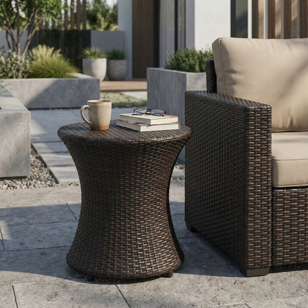 English Elm 19" Kono Hourglass Wicker Side Table Pe Rattan Sculptural Accent for Patio or Living Room Brown Multi N773P362078B