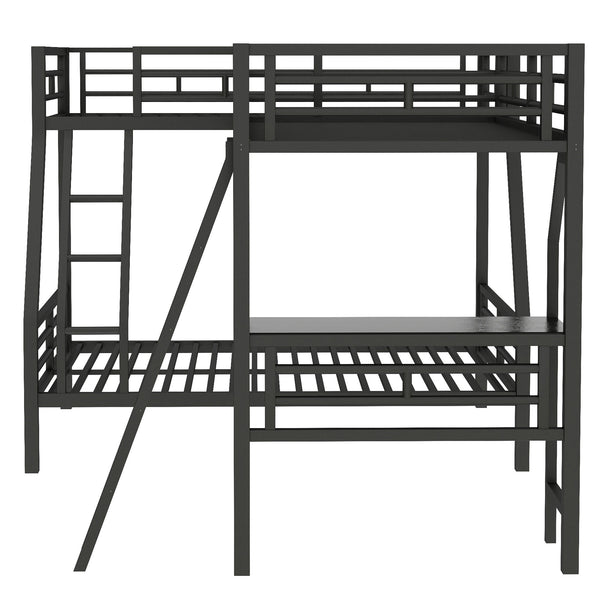 English Elm Twin Triple Bunk Bed with Loft, Desk & Shelf — Metal Black L-Shaped Sleep/Study Space, No Box SpringNeeded SM000606AAB
