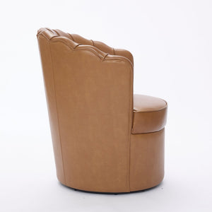 English Elm Light Brown Petal Swivel Chair — 360° Metal Base, Top-Grain Leather Wingback, Fluted Curve Accent Seat W570P375734