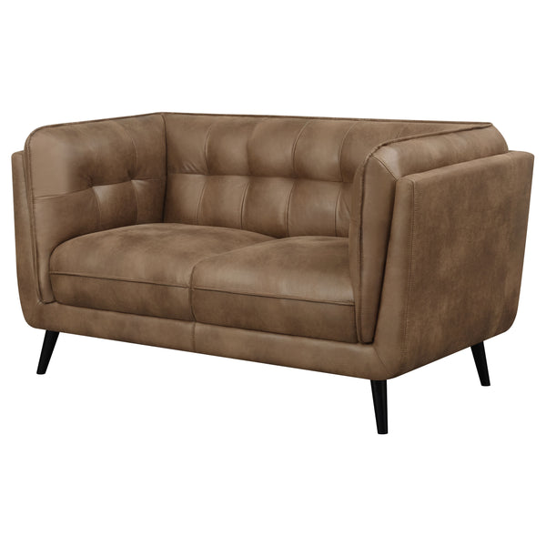 English Elm Maximillion Vintage Brown Chesterfield-Style Loveseat with Tufted Shelter Arms, Microfiber Leather Elegance B062P358089