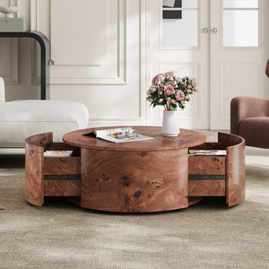 English Elm Burl Veneer Round Coffee Table Swivel Top Two Drawers Walnut Living Room N735P387206D