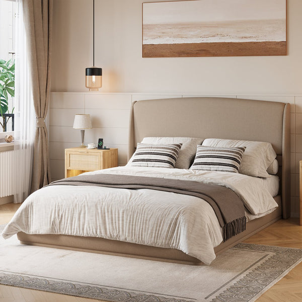 English Elm Upholstered Queen Platform Bed Curved Wingback Linen Headboard Modern Bedroom Frame Brown N733S439498N