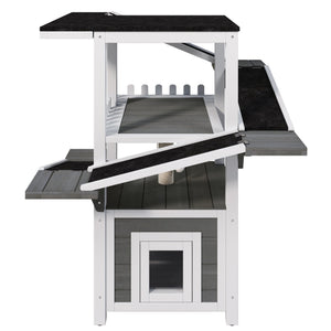 English Elm 4 Tier Outdoor Pine Cat Tower with Waterproof Roof Enclosed Den and Balcony Perch Grey,White N704P436318K